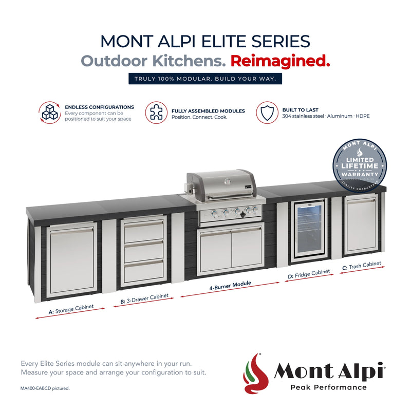 Mont Alpi MA400-EABCD Artwood Elite Series 4-Burner Outdoor Kitchen with Fridge, Storage, Drawers and Trash | GW STORE
