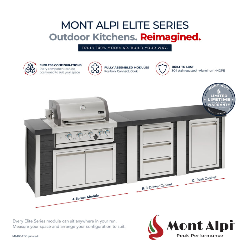 Mont Alpi MA400-EBC Artwood Elite Series 4-Burner Outdoor Kitchen with Drawers and Trash | GW STORE