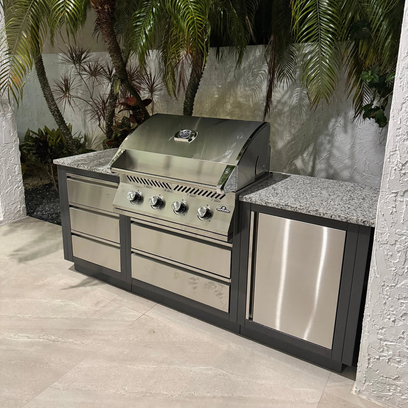 Napoleon Oasis 100 Outdoor Kitchen Island w/ Built-in 500 Series 32 Propane Grill  & Valet Gray Granite Countertop
