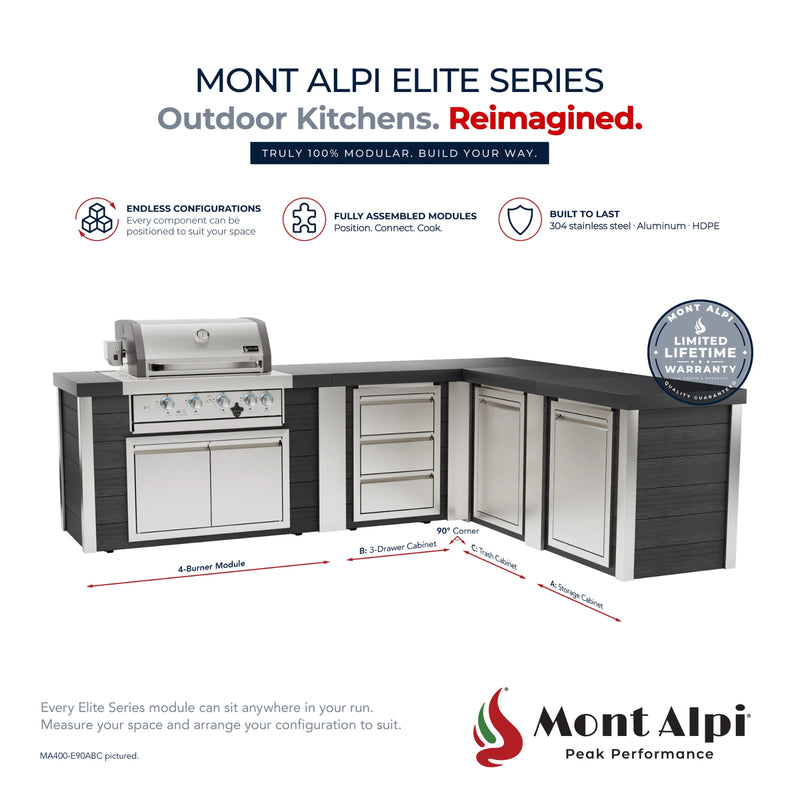 Mont Alpi MA400-E90ABC Artwood Elite Series 4-Burner L-Shaped Outdoor Kitchen with Storage, Drawers and Trash | GW STORE