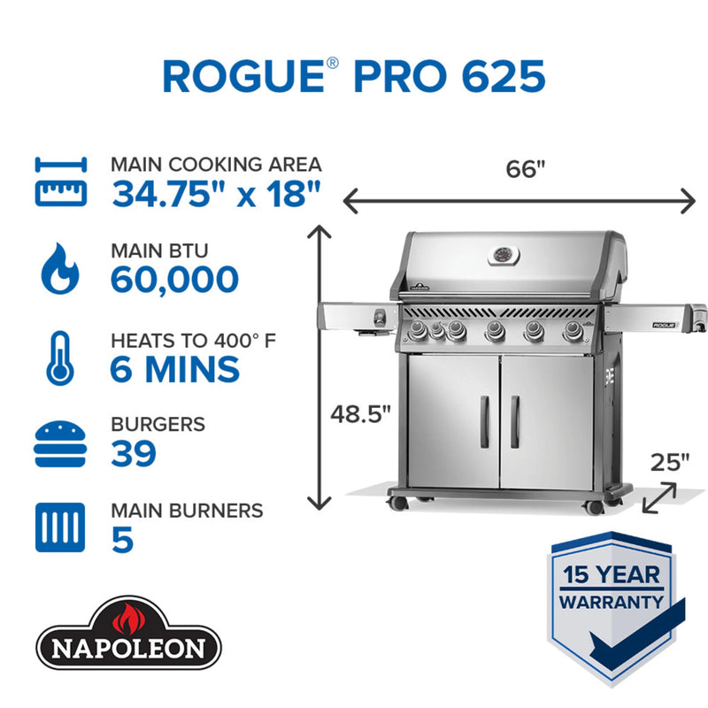 Napoleon Rogue PRO 625 SIB Freestanding Gas Grill w/ Infrared Side Burner | GW STORE