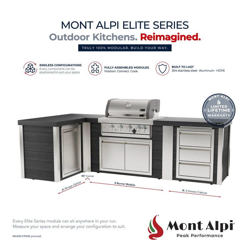 Mont Alpi MA400-E90AB Artwood Elite Series 4-Burner L-Shaped Outdoor Kitchen with Storage and Drawers | GW STORE