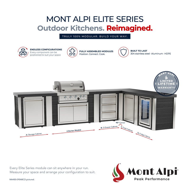 Mont Alpi MA400-E90ABCD Artwood Elite Series 4-Burner L-Shaped Outdoor Kitchen with Fridge, Storage, Drawers and Trash | GW STORE