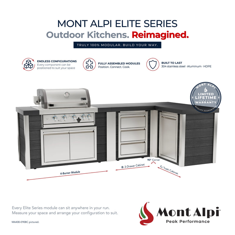 Mont Alpi MA400-E90BC Artwood Elite Series 4-Burner L-Shaped Outdoor Kitchen with Drawers and Trash | GW STORE