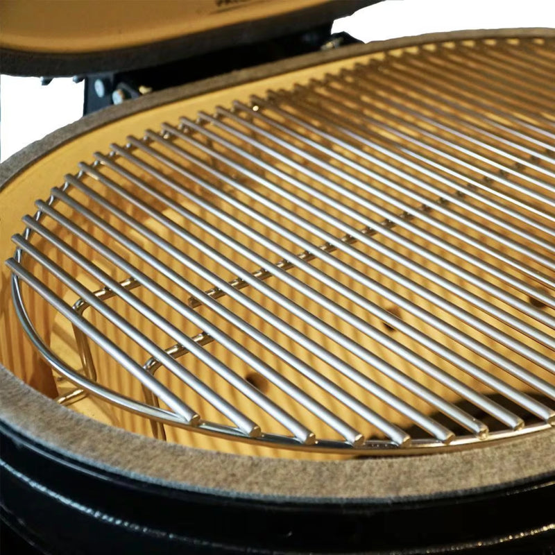 Primo Oval XL 400 Ceramic Kamado Grill On Steel Cart w/ 2-Piece Island Side Shelves & Stainless Steel Grates | GW STORE
