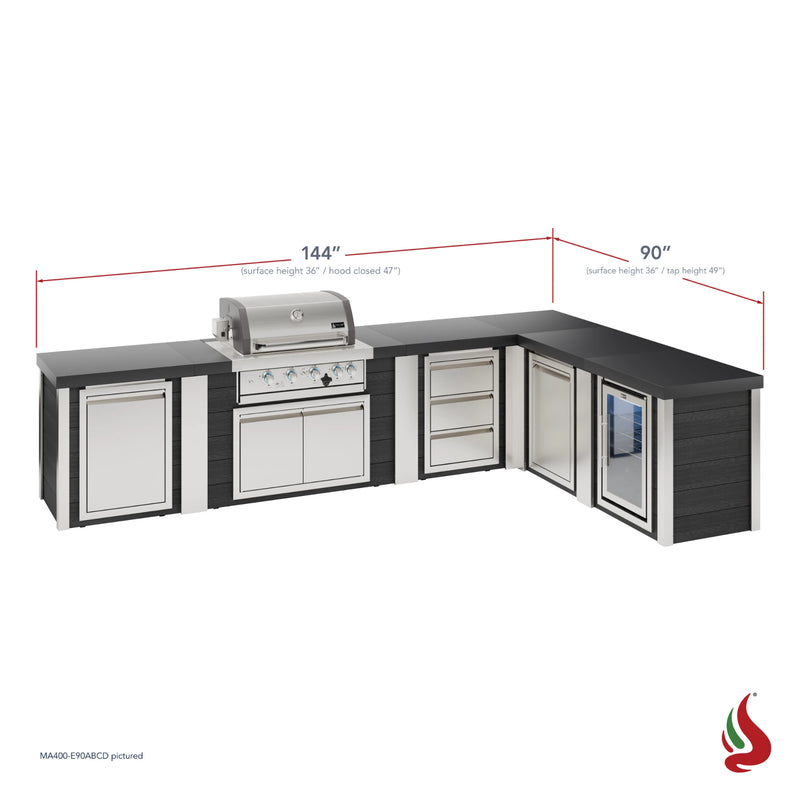Mont Alpi MA400-E90ABCD Artwood Elite Series 4-Burner L-Shaped Outdoor Kitchen with Fridge, Storage, Drawers and Trash | GW STORE
