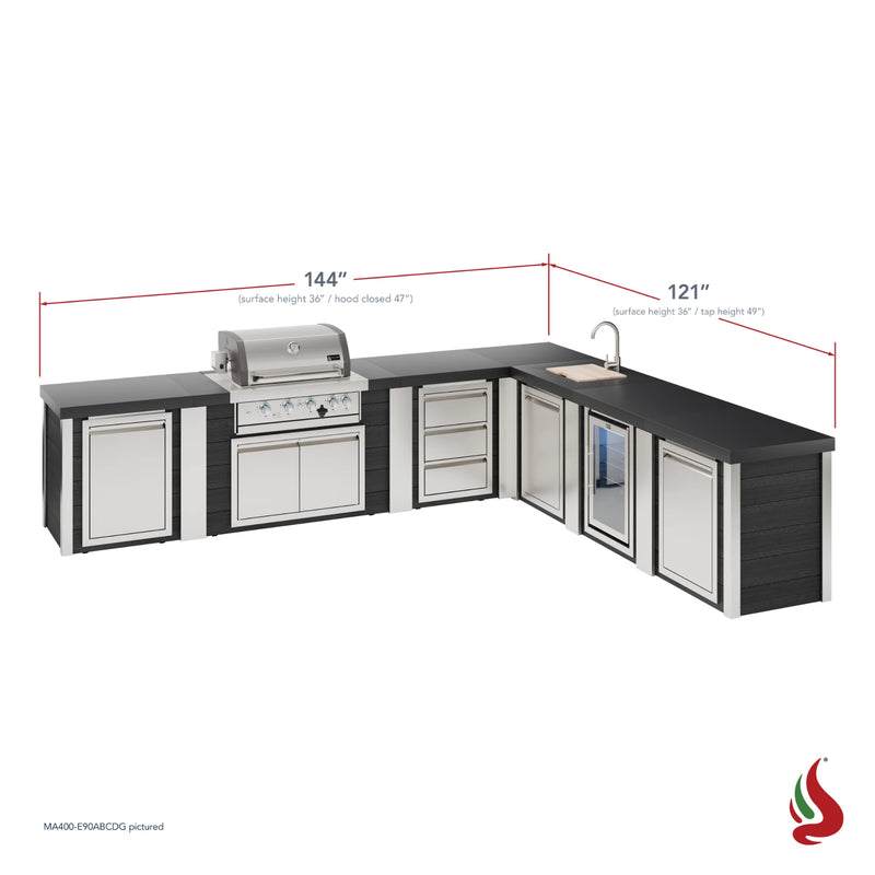 Mont Alpi MA400-E90ABCDG Artwood Elite Series 4-Burner L-Shaped Outdoor Kitchen with Fridge, Sink, Storage, Drawers and Trash | GW STORE