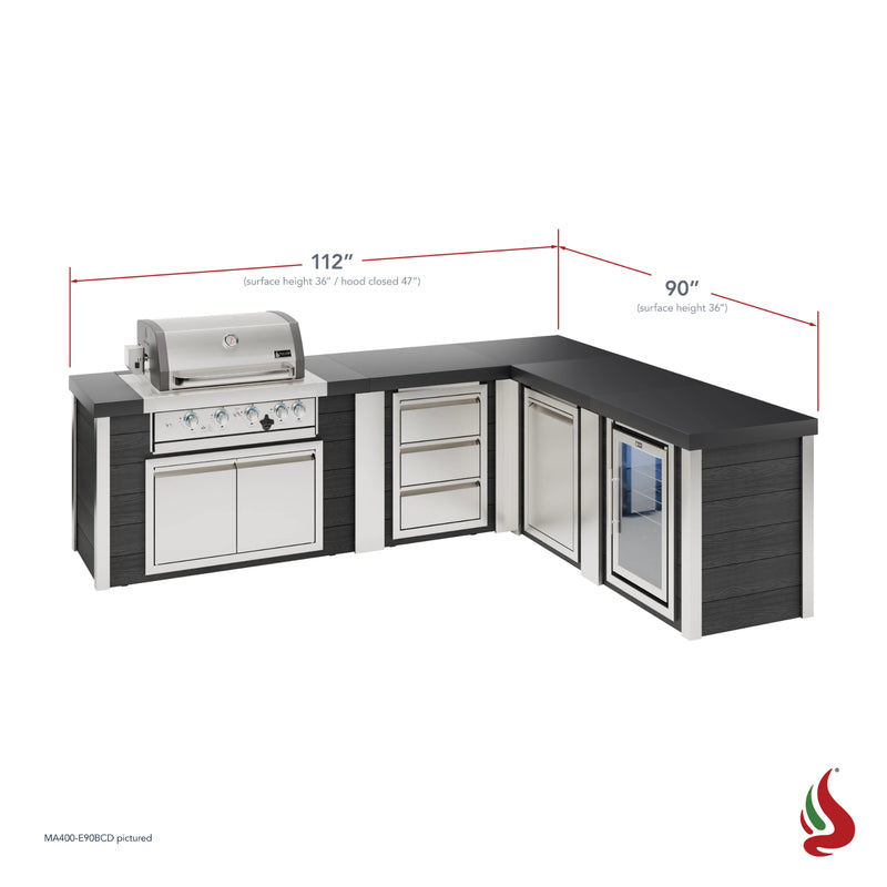 Mont Alpi MA400-E90BCD Artwood Elite Series 4-Burner L-Shaped Outdoor Kitchen with Fridge, Drawers and Trash | GW STORE