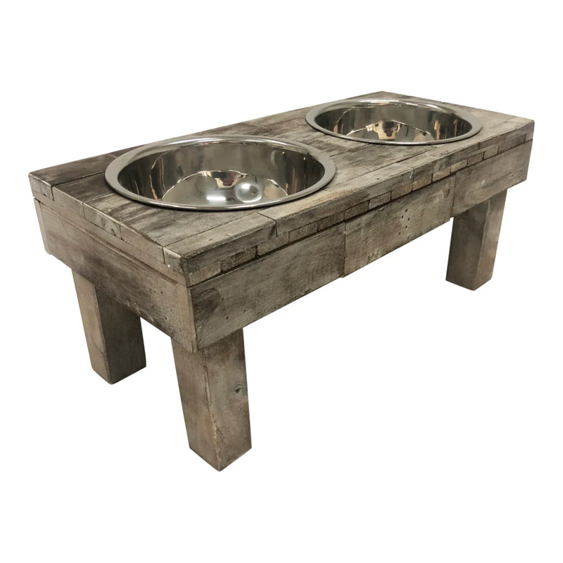Huntley Pet Berjen Table Small Double Feeder, Brown Wash | GW STORE