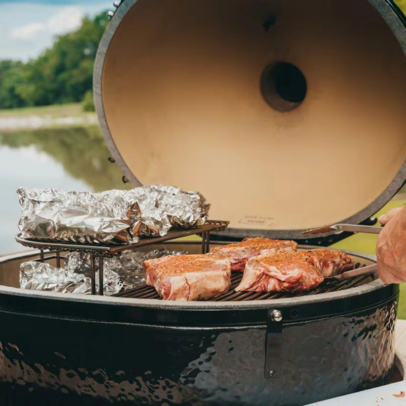 Primo Oval XL 400 Ceramic Kamado Grill On Curved Cypress Table With Stainless Steel Grates | GW STORE