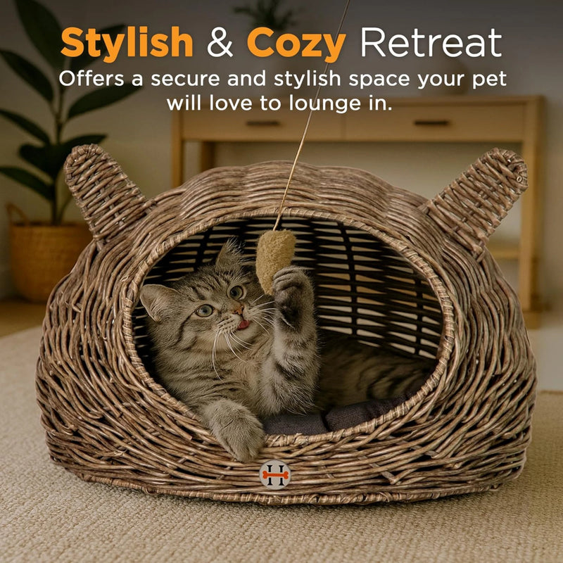 Huntley Pet Wicker Cat Shaped Play House Pet Bed w/ Cushion | GW STORE