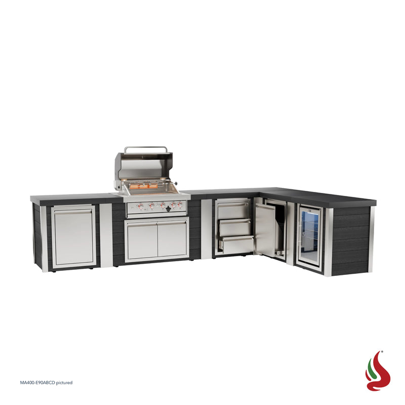 Mont Alpi MA400-E90ABCD Artwood Elite Series 4-Burner L-Shaped Outdoor Kitchen with Fridge, Storage, Drawers and Trash | GW STORE
