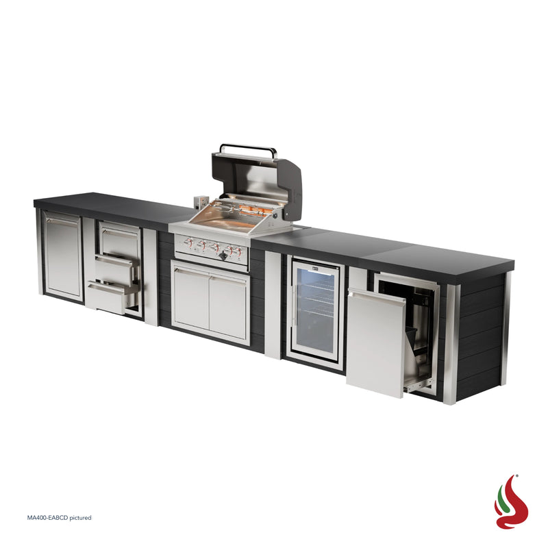 Mont Alpi MA400-EABCD Artwood Elite Series 4-Burner Outdoor Kitchen with Fridge, Storage, Drawers and Trash | GW STORE