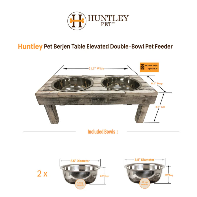 Huntley Pet Berjen Table Double Feeder, Large Whitewash | GW STORE