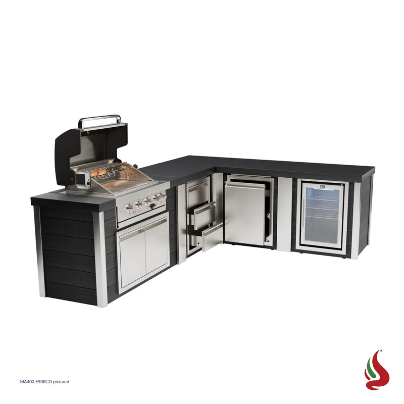 Mont Alpi MA400-E90BCD Artwood Elite Series 4-Burner L-Shaped Outdoor Kitchen with Fridge, Drawers and Trash | GW STORE