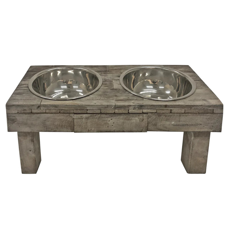 Huntley Pet Berjen Table Small Double Feeder, Brown Wash | GW STORE