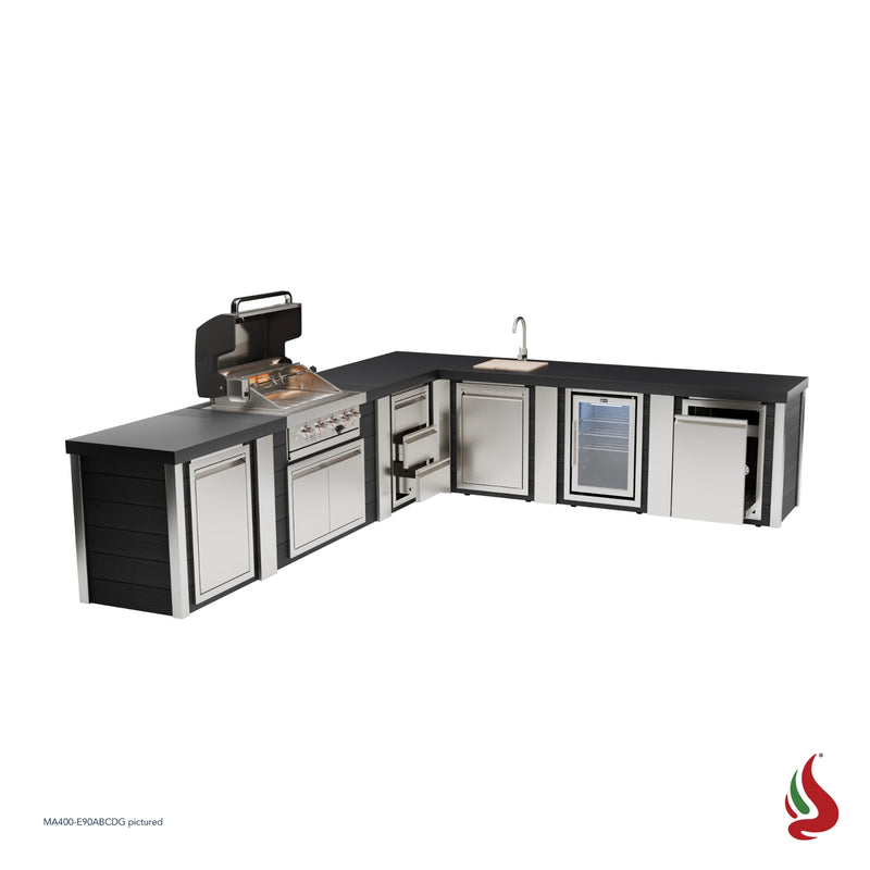 Mont Alpi MA400-E90ABCDG Artwood Elite Series 4-Burner L-Shaped Outdoor Kitchen with Fridge, Sink, Storage, Drawers and Trash | GW STORE