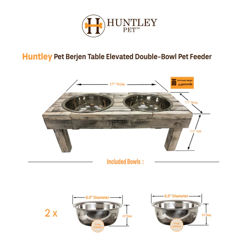 Huntley Pet Berjen Table Small Double Feeder, Whitewash | GW STORE