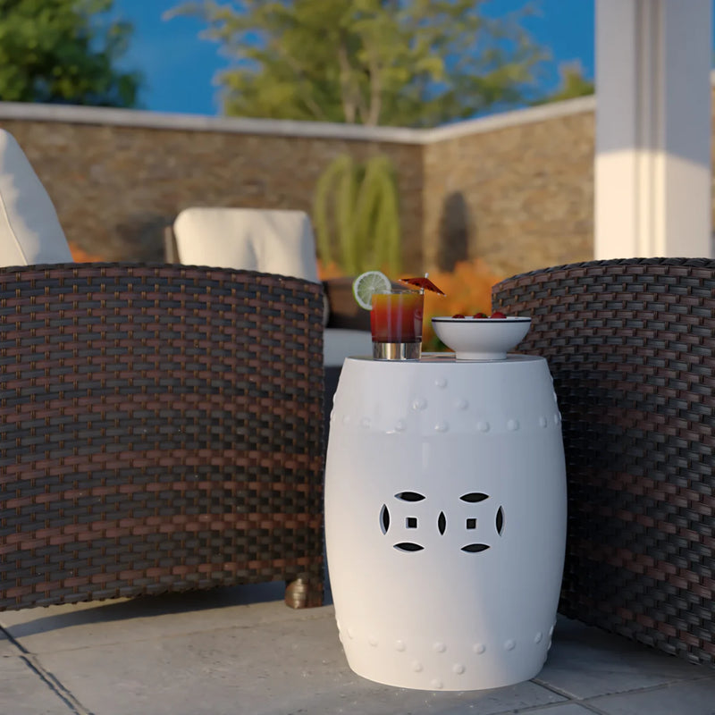 Well Traveled Living Double-Medallion Ceramic Stool in Optic White | GW STORE