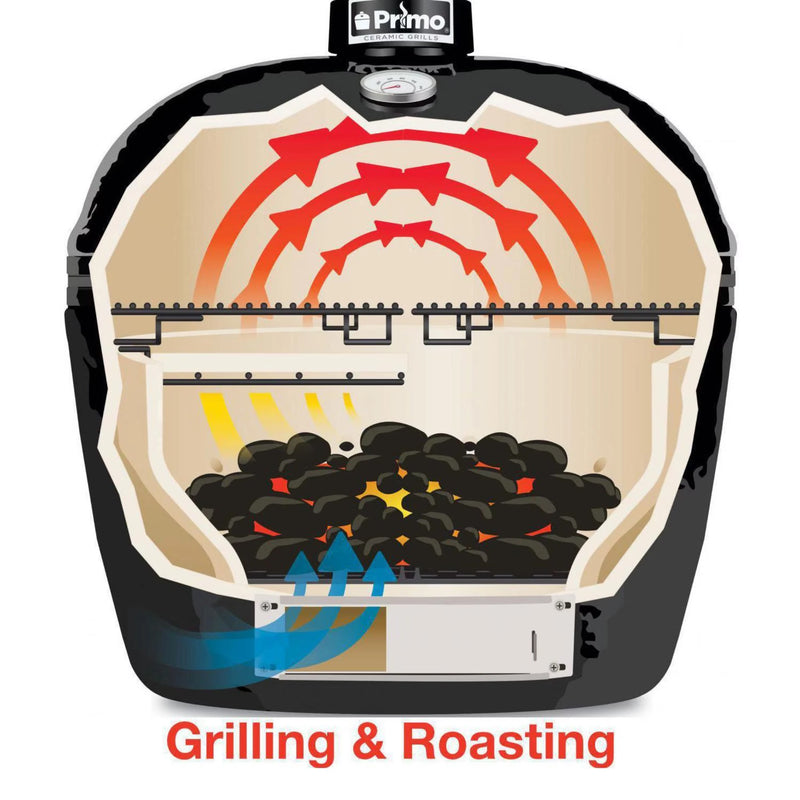 Primo Oval XL 400 Ceramic Kamado Grill On Curved Cypress Table With Stainless Steel Grates | GW STORE